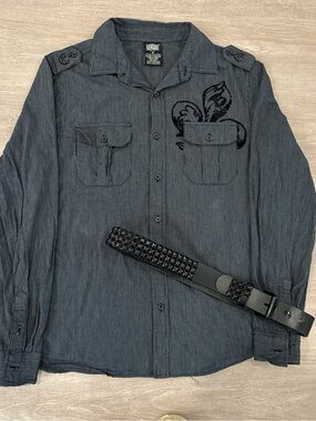 Black/Charcoal Button-Up Shirt with Subtle Embroidery